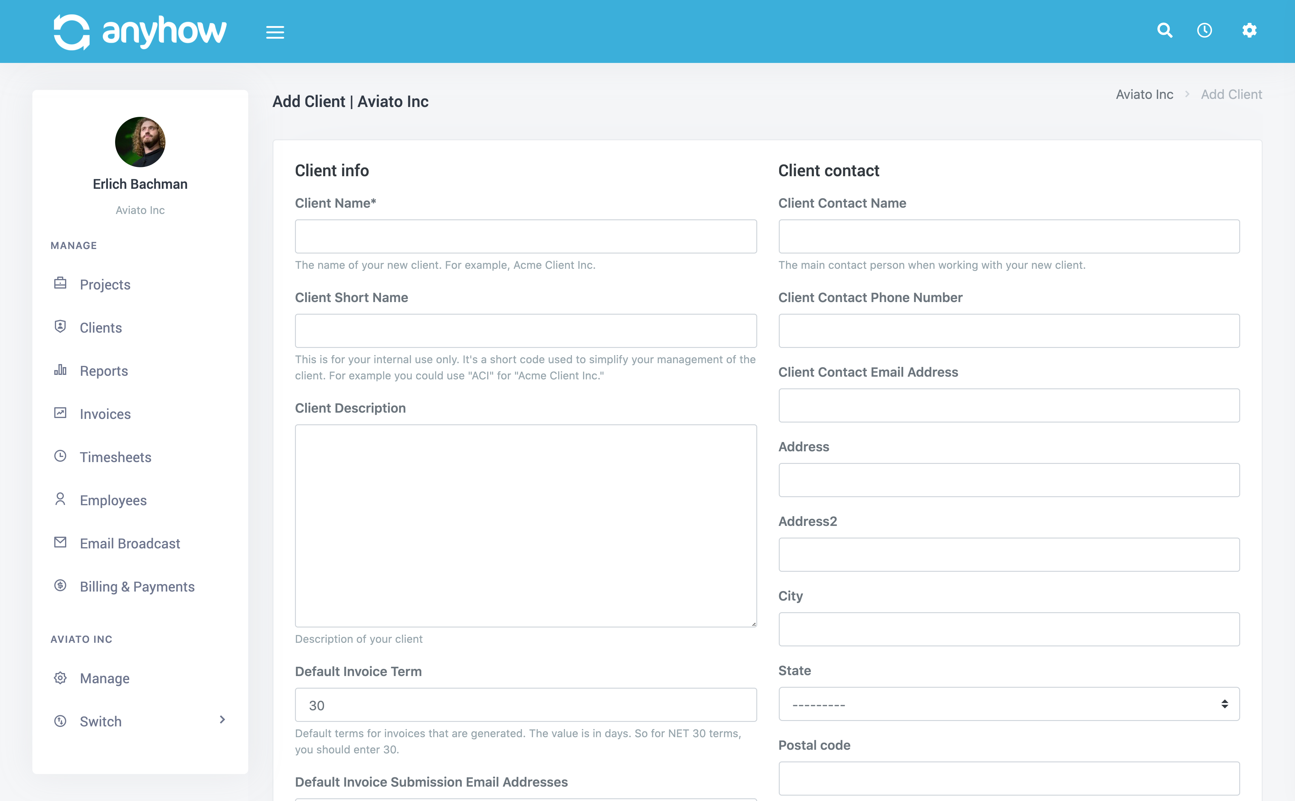 Screenshot of add client form