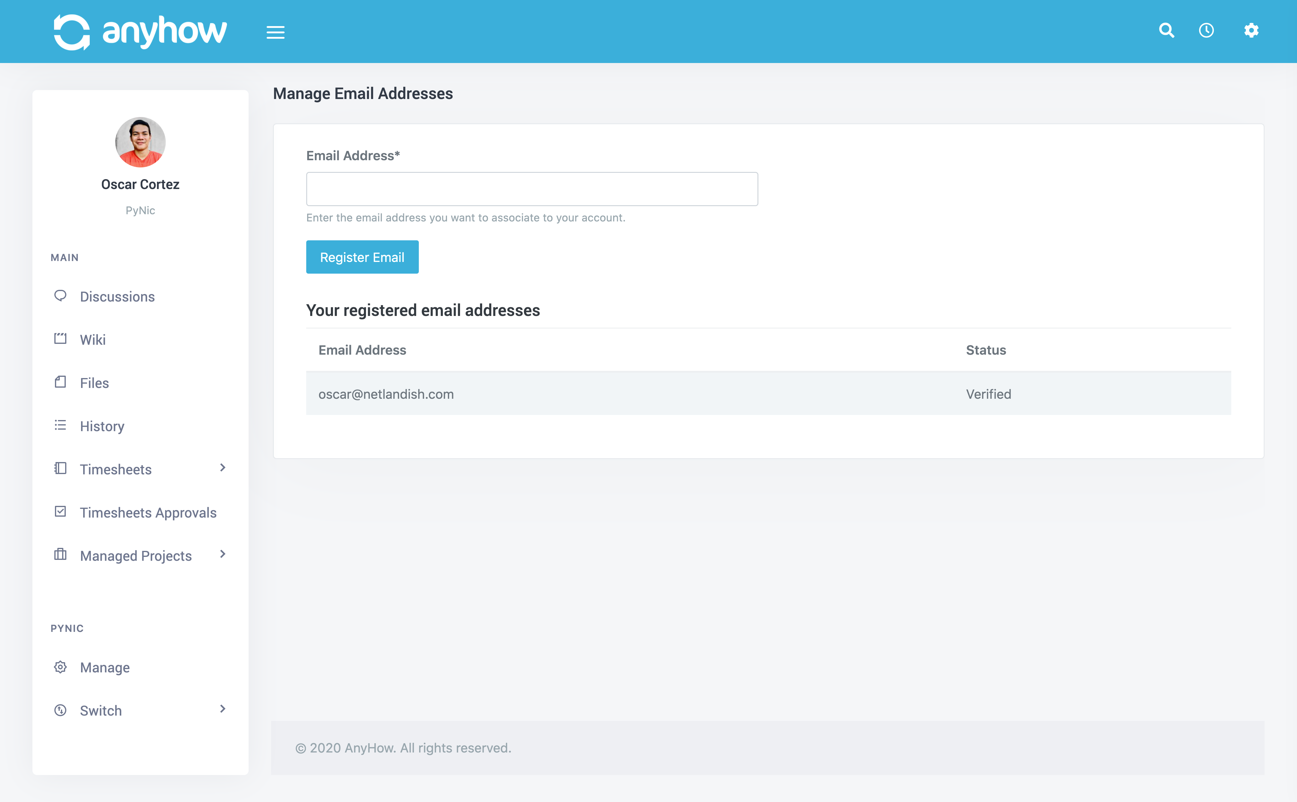 Screenshot of Manage email screen