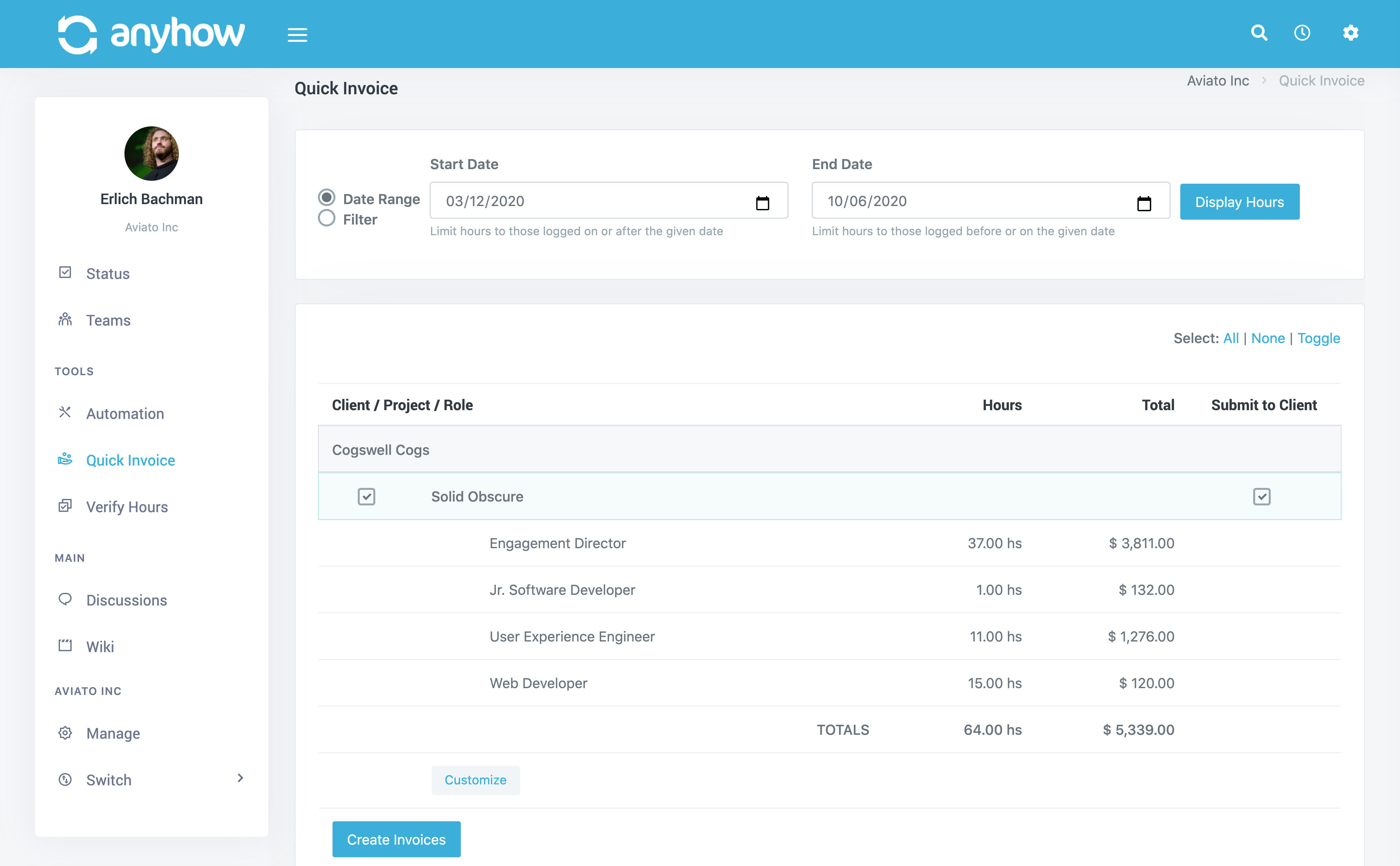 Screenshot of quick invoice landing page